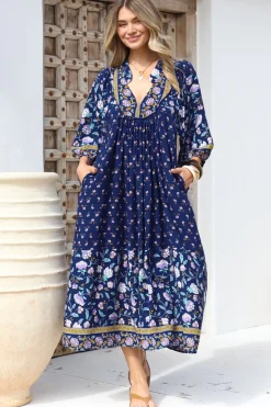 Boheme Midi Dress - Piping Defined Bust Slimline Smock Dress In Wild Indigo Print>Jaase Best
