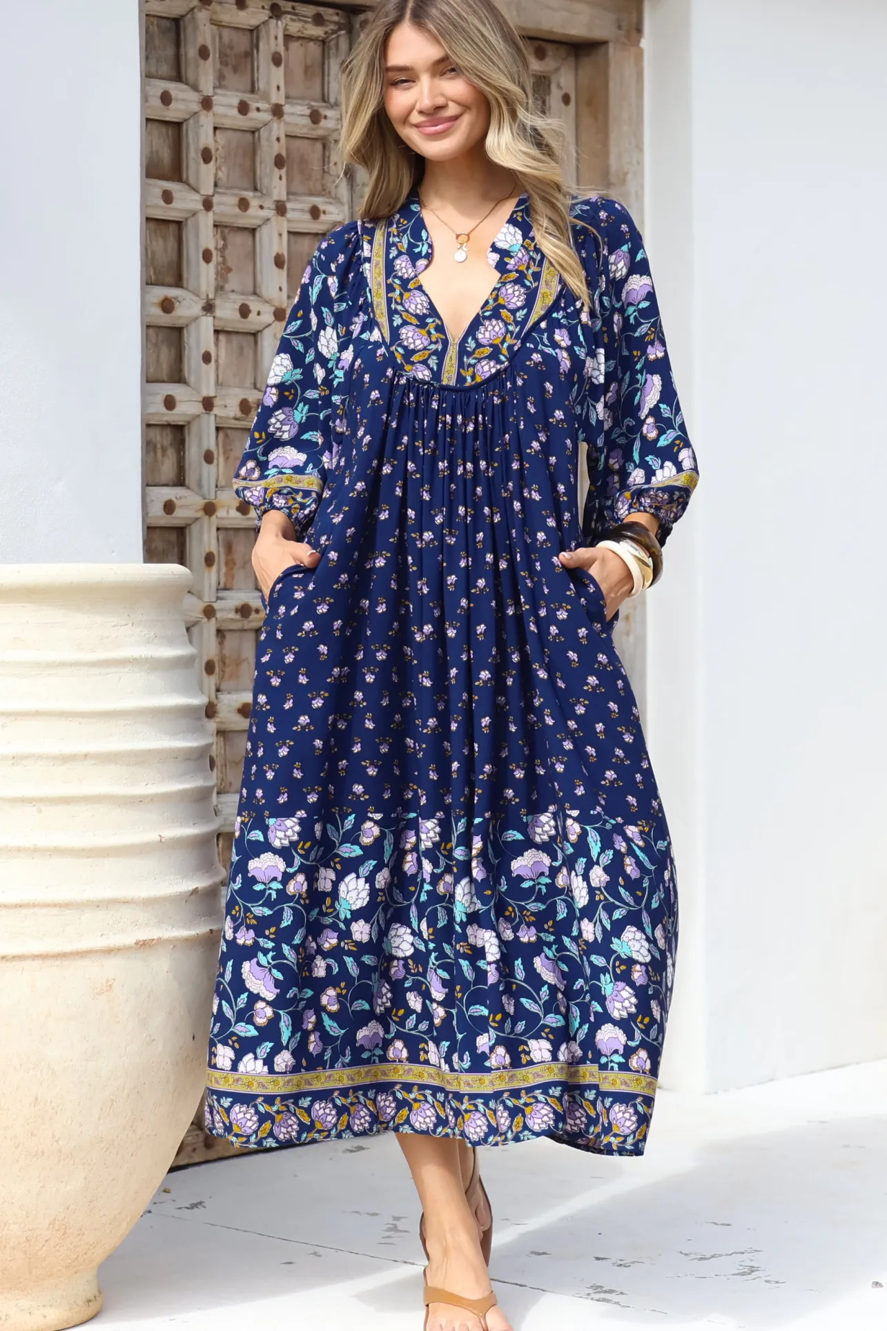 Boheme Midi Dress - Piping Defined Bust Slimline Smock Dress In Wild Indigo Print>Jaase Best