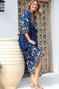 Boheme Midi Dress - Piping Defined Bust Slimline Smock Dress In Wild Indigo Print>Jaase Best