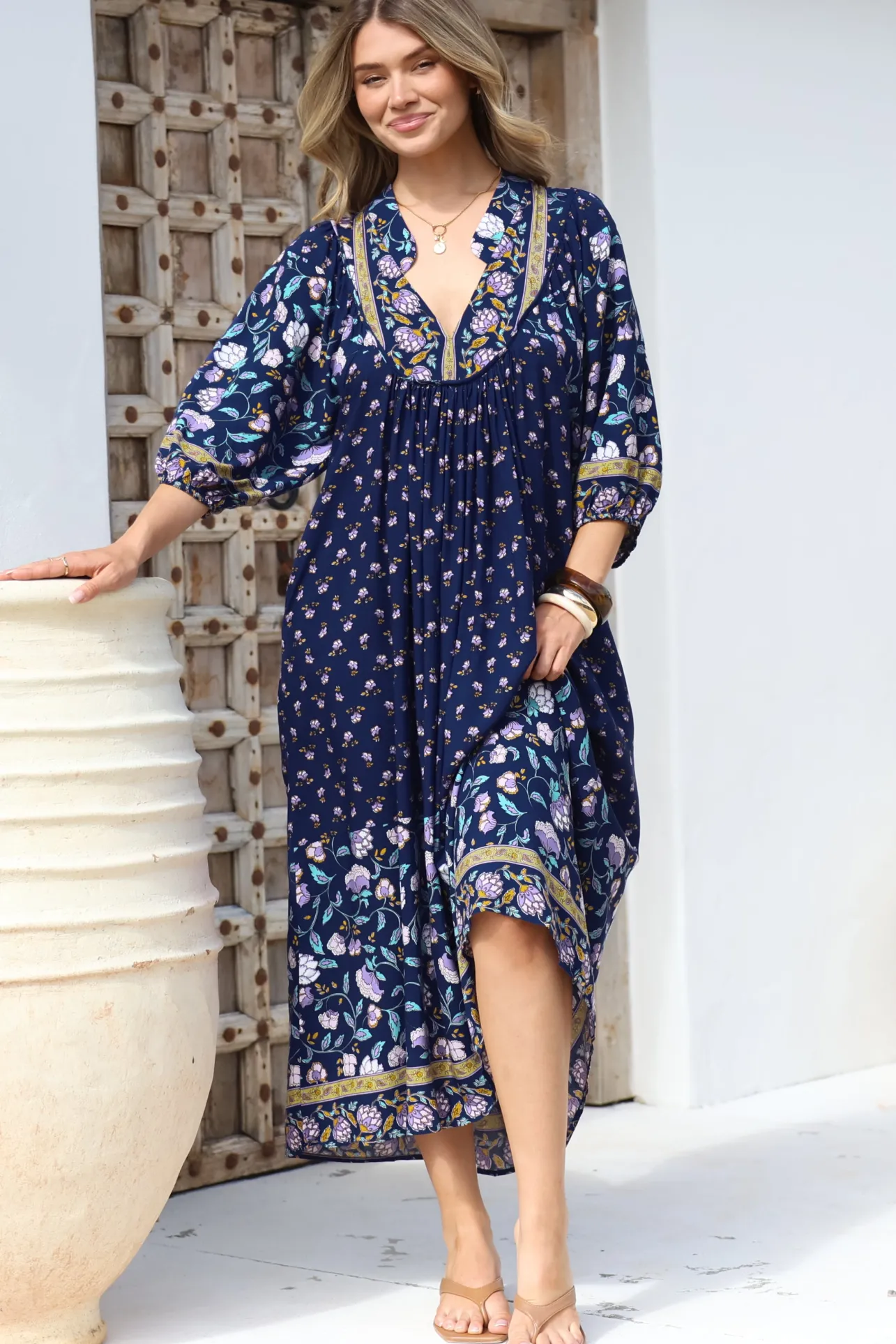 Boheme Midi Dress - Piping Defined Bust Slimline Smock Dress In Wild Indigo Print>Jaase Best