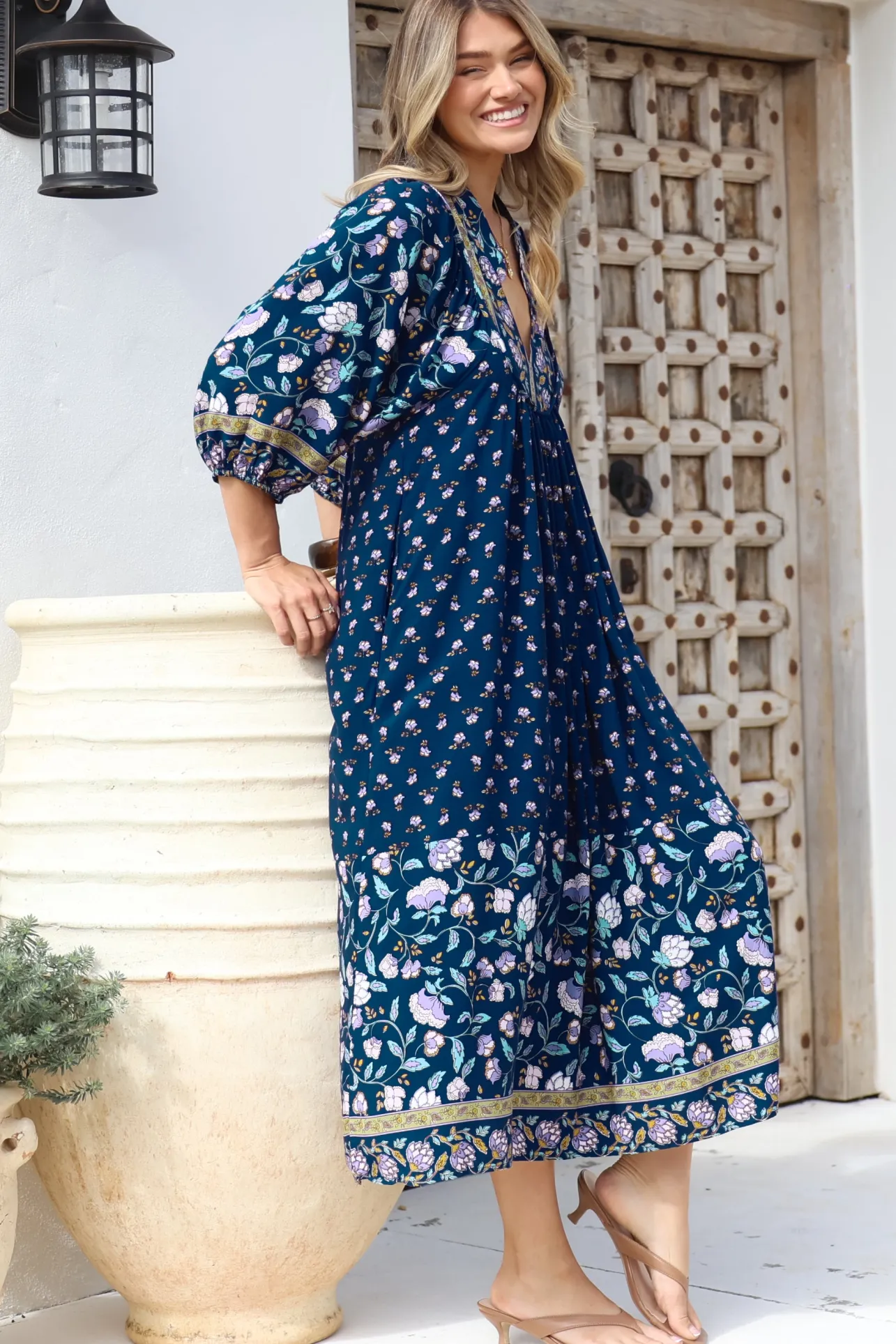 Boheme Midi Dress - Piping Defined Bust Slimline Smock Dress In Wild Indigo Print>Jaase Best
