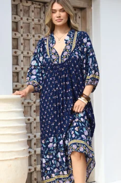 Boheme Midi Dress - Piping Defined Bust Slimline Smock Dress In Wild Indigo Print><noscript><img width=