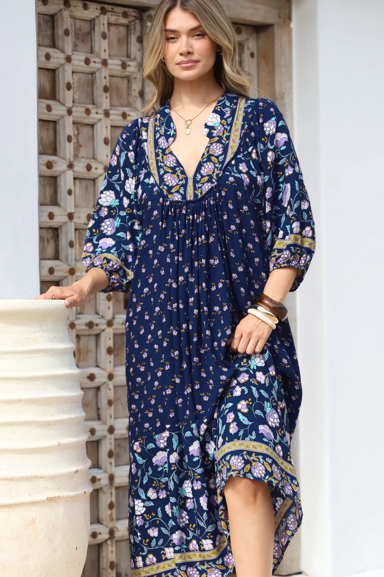 Boheme Midi Dress - Piping Defined Bust Slimline Smock Dress In Wild Indigo Print>Jaase Best