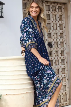 Boheme Midi Dress - Piping Defined Bust Slimline Smock Dress In Wild Indigo Print><noscript><img width=
