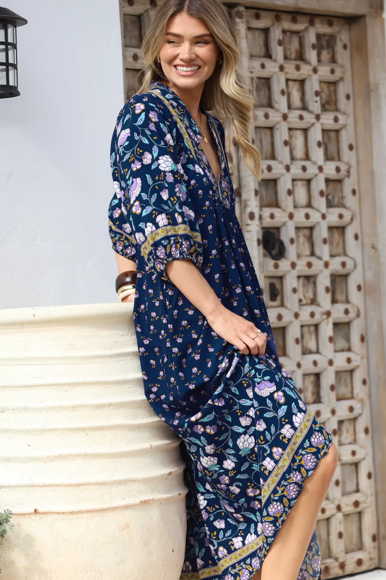 Boheme Midi Dress - Piping Defined Bust Slimline Smock Dress In Wild Indigo Print>Jaase Best