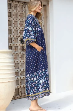 Boheme Midi Dress - Piping Defined Bust Slimline Smock Dress In Wild Indigo Print><noscript><img width=