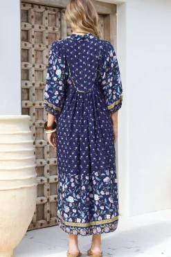 Boheme Midi Dress - Piping Defined Bust Slimline Smock Dress In Wild Indigo Print><noscript><img width=