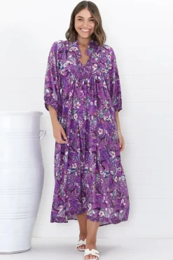 Boheme Midi Dress - Piping Defined Bust Slimline Smock Dress in Rhodium Print>Jaase Hot