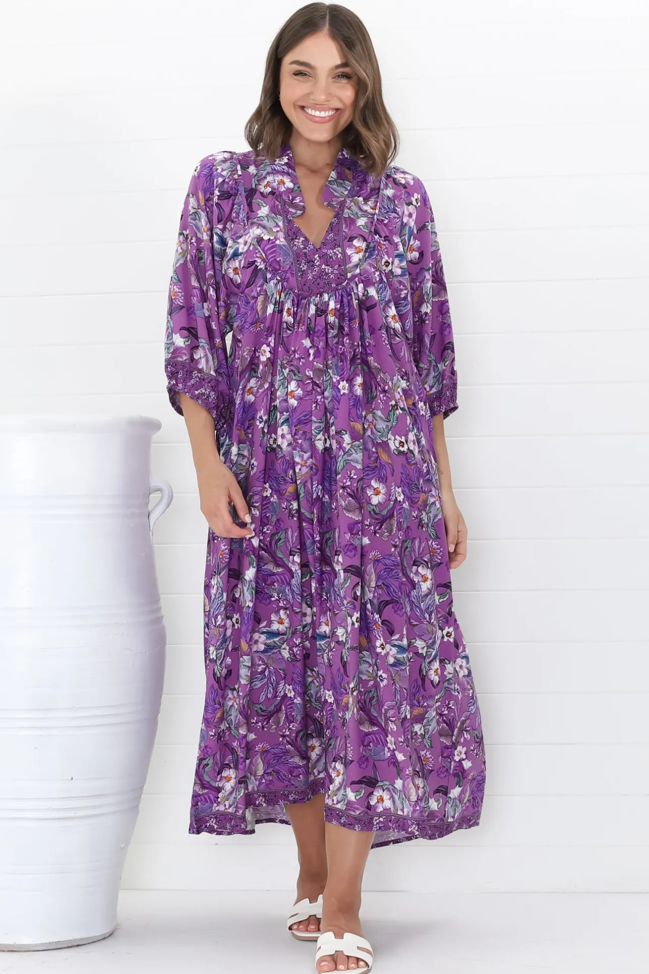 Boheme Midi Dress - Piping Defined Bust Slimline Smock Dress in Rhodium Print>Jaase Hot