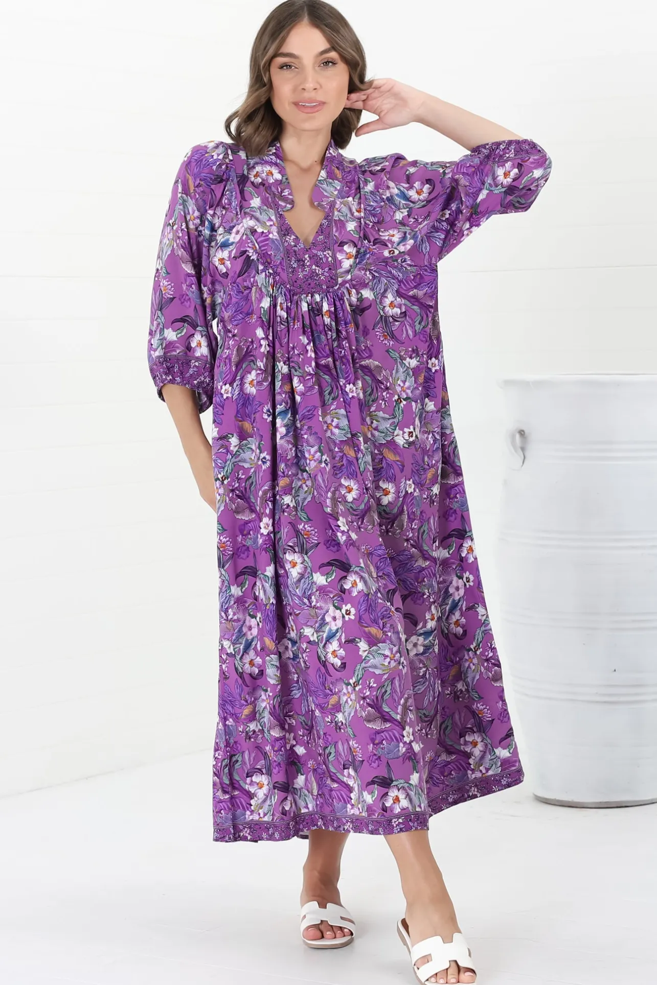 Boheme Midi Dress - Piping Defined Bust Slimline Smock Dress in Rhodium Print>Jaase Hot