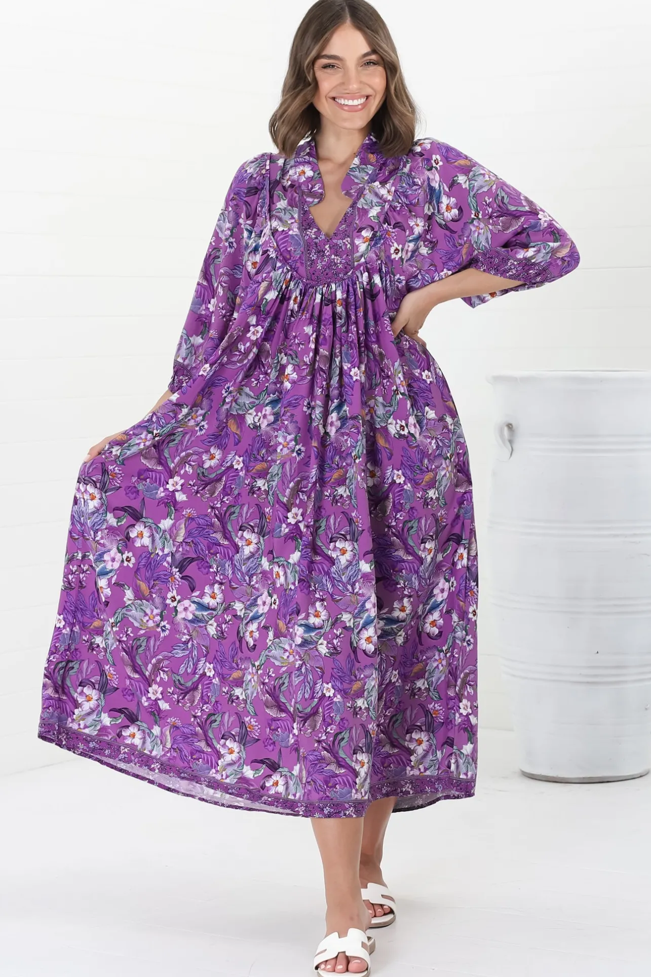 Boheme Midi Dress - Piping Defined Bust Slimline Smock Dress in Rhodium Print>Jaase Hot