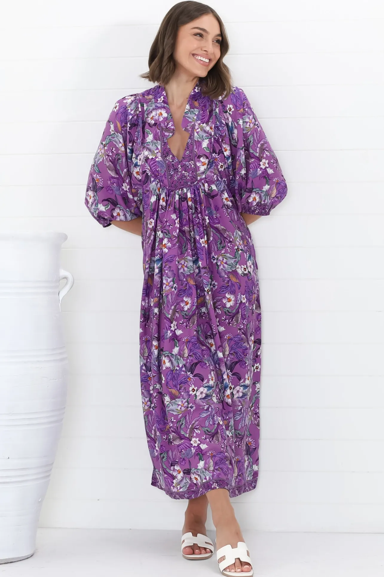 Boheme Midi Dress - Piping Defined Bust Slimline Smock Dress in Rhodium Print>Jaase Hot