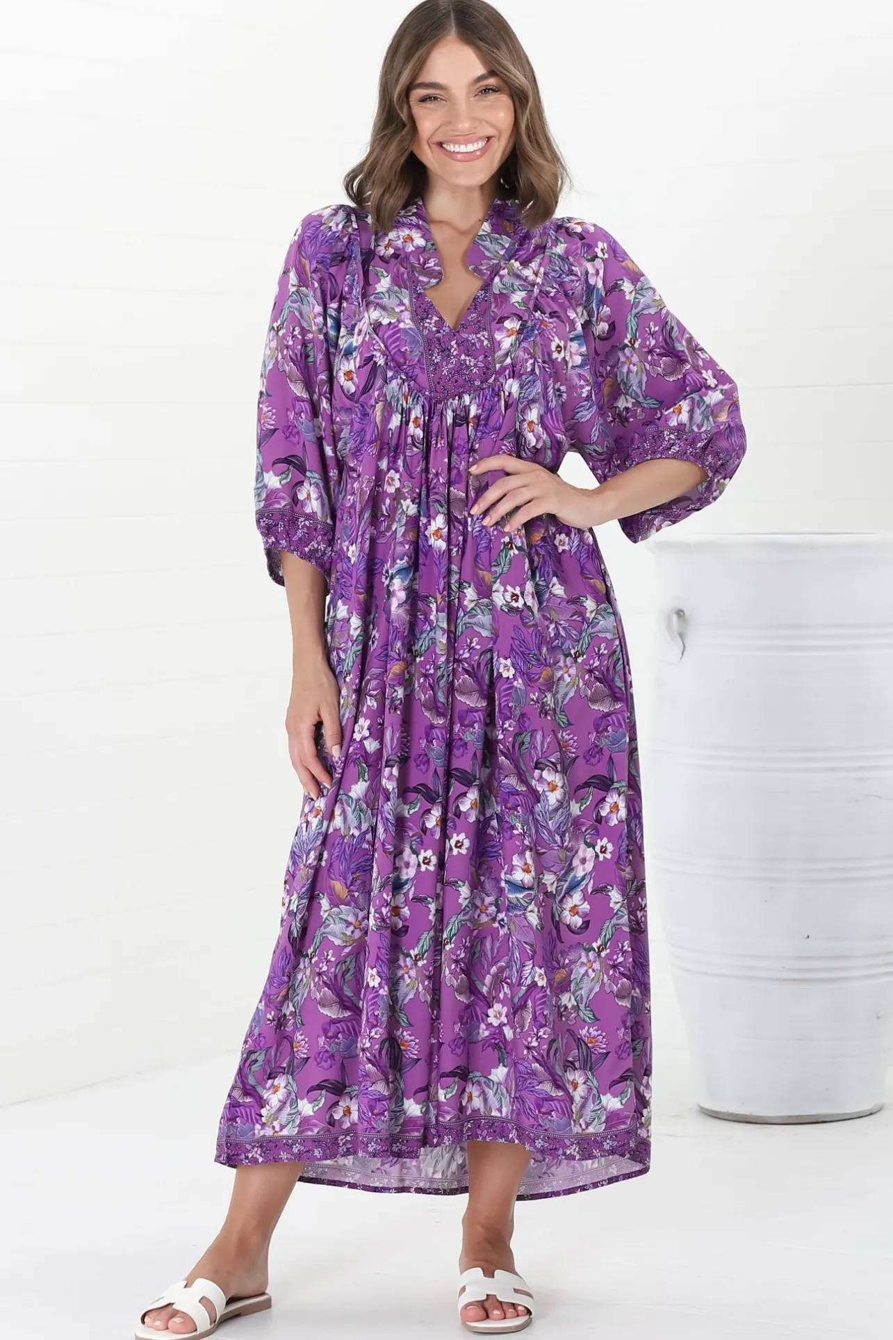 Boheme Midi Dress - Piping Defined Bust Slimline Smock Dress in Rhodium Print>Jaase Hot