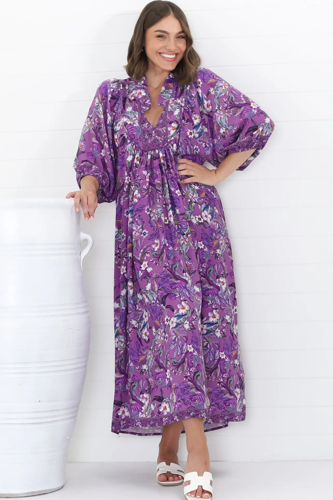 Boheme Midi Dress - Piping Defined Bust Slimline Smock Dress in Rhodium Print>Jaase Hot