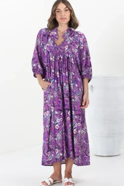 Boheme Midi Dress - Piping Defined Bust Slimline Smock Dress in Rhodium Print><noscript><img width=