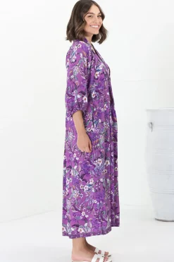 Boheme Midi Dress - Piping Defined Bust Slimline Smock Dress in Rhodium Print><noscript><img width=
