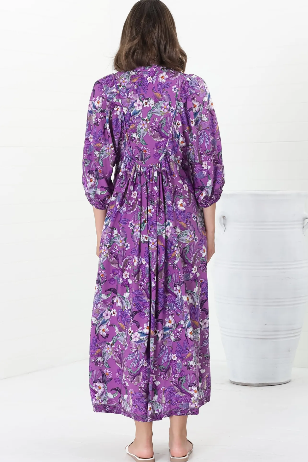 Boheme Midi Dress - Piping Defined Bust Slimline Smock Dress in Rhodium Print>Jaase Hot
