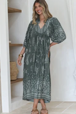 Boheme Midi Dress - Piping Defined Bust Slimline Smock Dress In Constance Print>Jaase Clearance