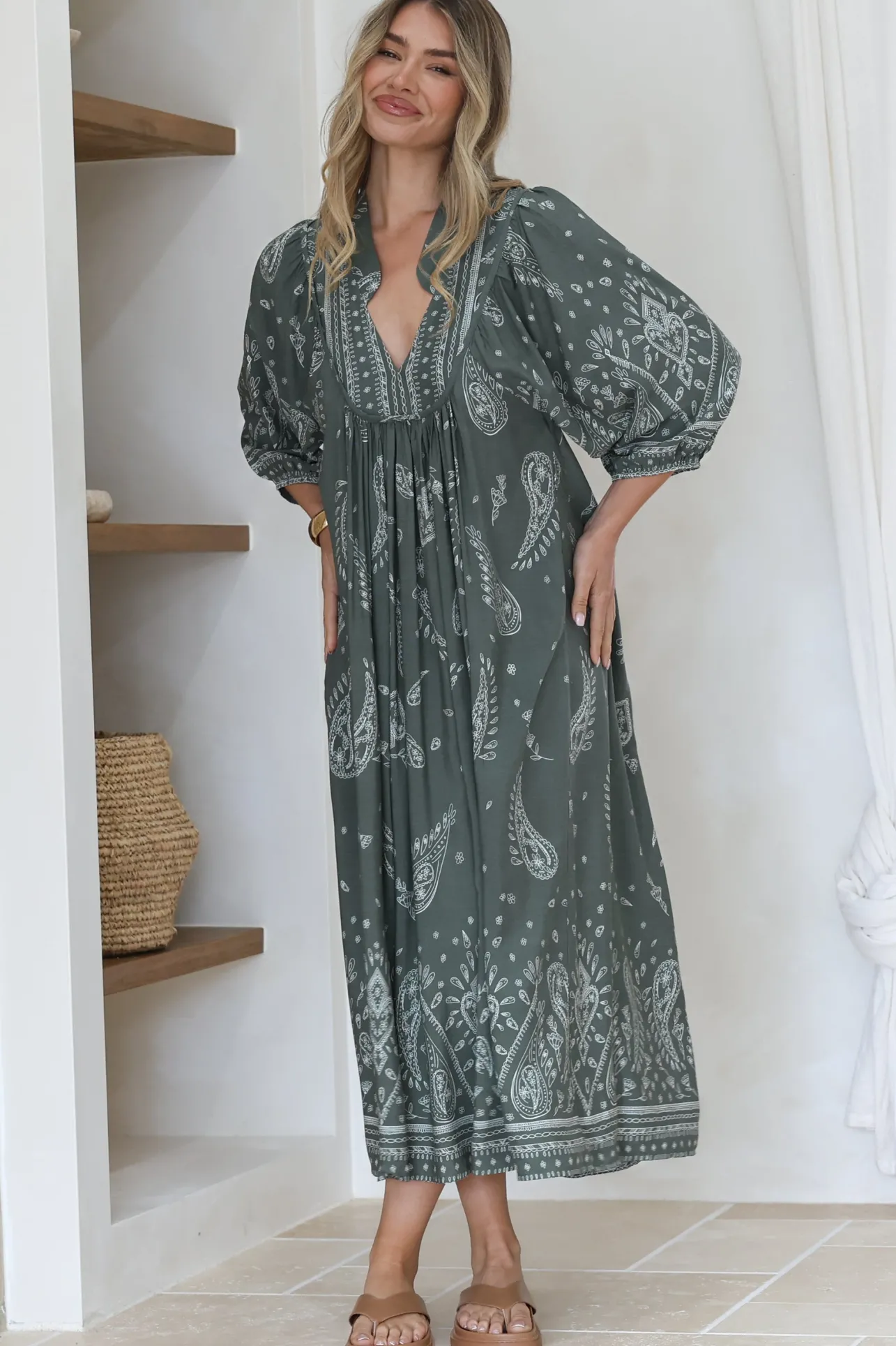 Boheme Midi Dress - Piping Defined Bust Slimline Smock Dress In Constance Print>Jaase Clearance