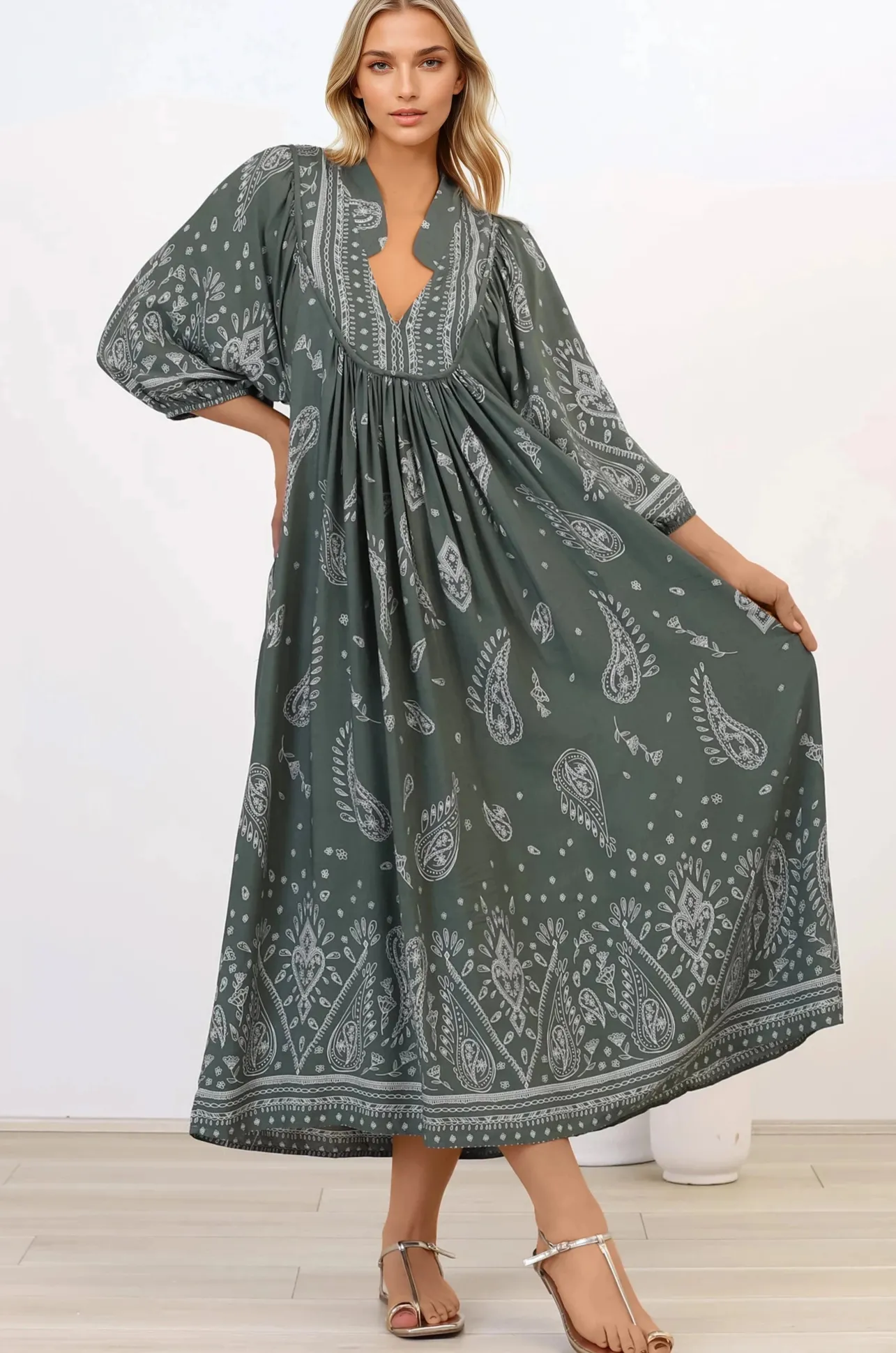 Boheme Midi Dress - Piping Defined Bust Slimline Smock Dress In Constance Print>Jaase Clearance