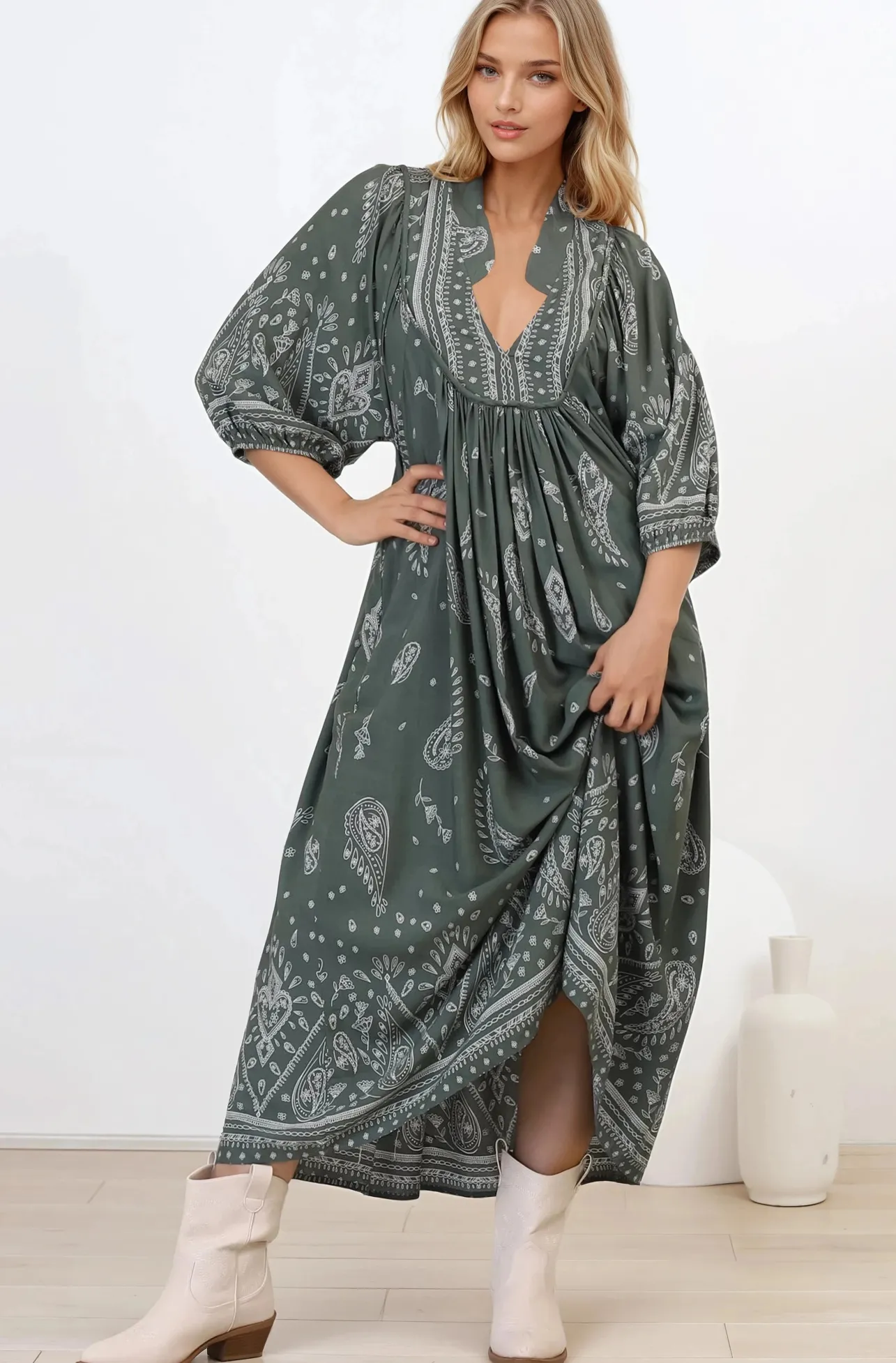 Boheme Midi Dress - Piping Defined Bust Slimline Smock Dress In Constance Print>Jaase Clearance