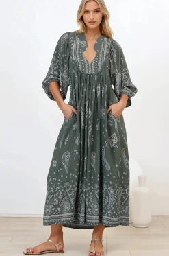 Boheme Midi Dress - Piping Defined Bust Slimline Smock Dress In Constance Print><noscript><img width=