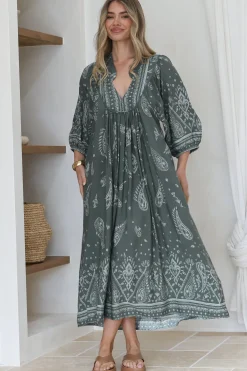 Boheme Midi Dress - Piping Defined Bust Slimline Smock Dress In Constance Print><noscript><img width=