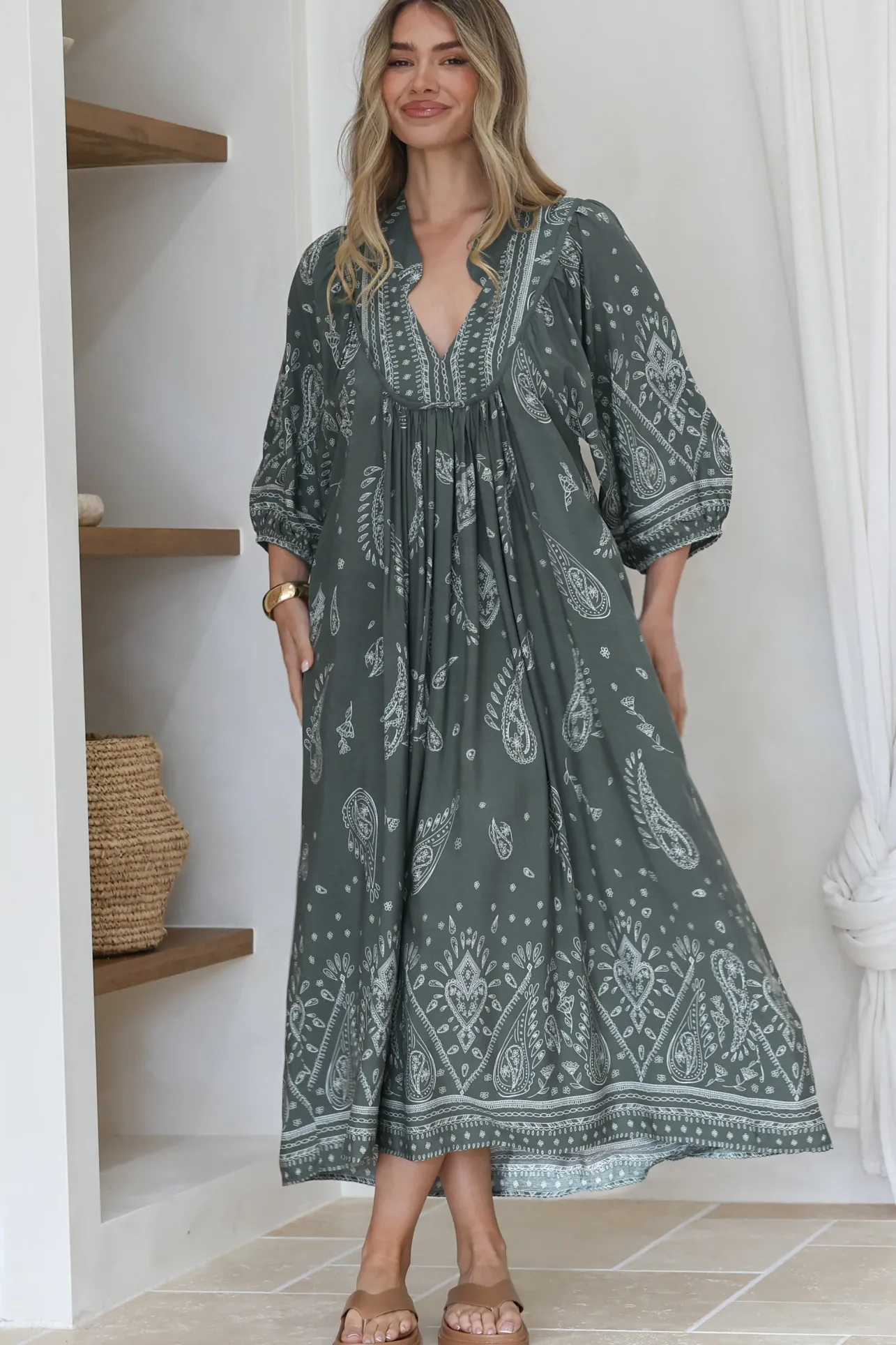 Boheme Midi Dress - Piping Defined Bust Slimline Smock Dress In Constance Print>Jaase Clearance