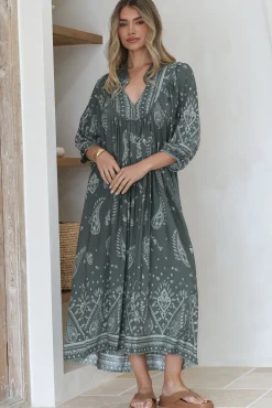 Boheme Midi Dress - Piping Defined Bust Slimline Smock Dress In Constance Print><noscript><img width=