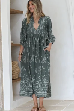 Boheme Midi Dress - Piping Defined Bust Slimline Smock Dress In Constance Print><noscript><img width=