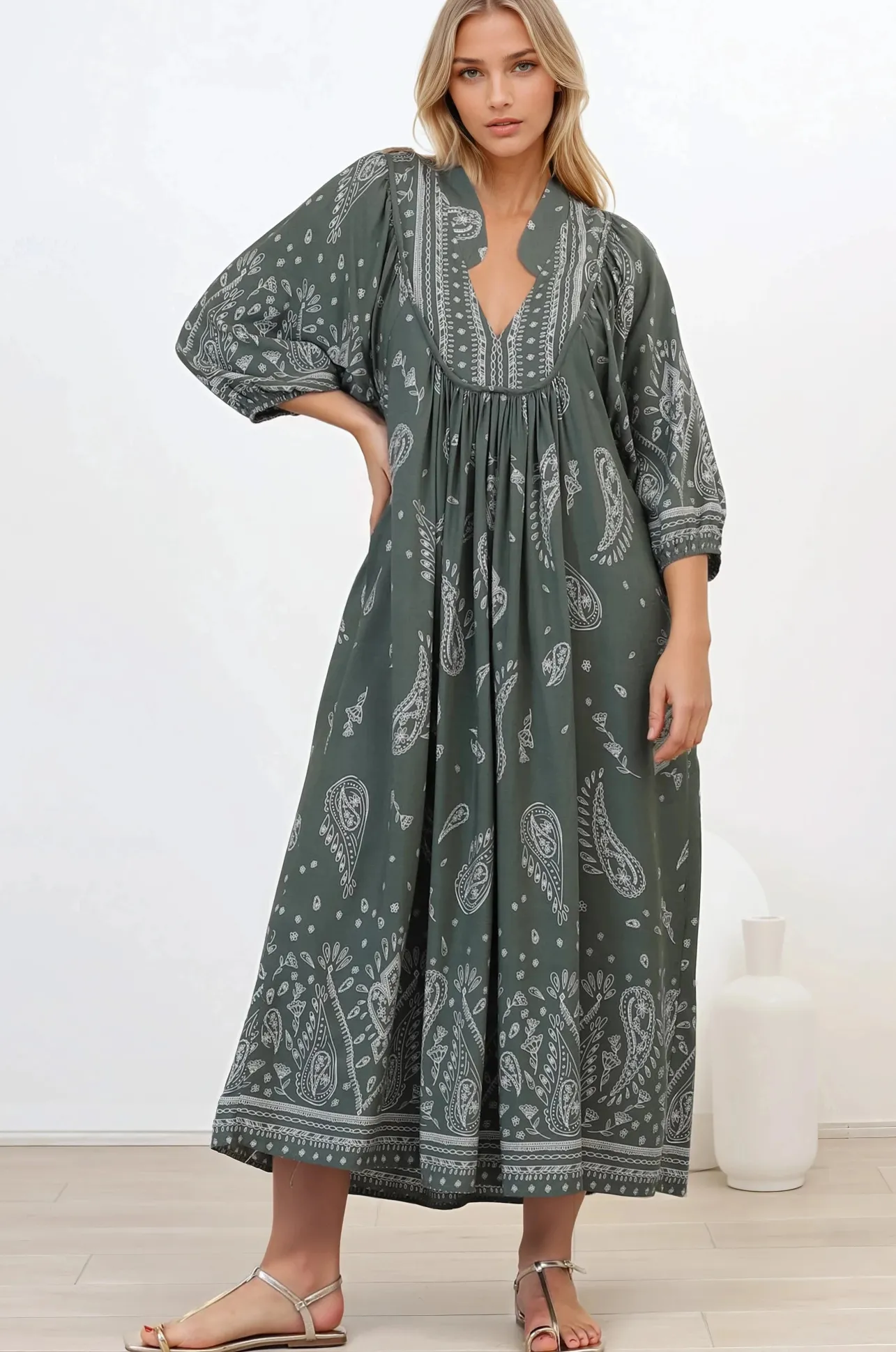 Boheme Midi Dress - Piping Defined Bust Slimline Smock Dress In Constance Print>Jaase Clearance