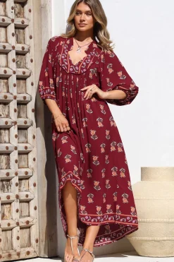 Boheme Midi Dress - Piping Defined Bust 3/4 Sleeve Smock Dress in Grenache Print>Jaase Online