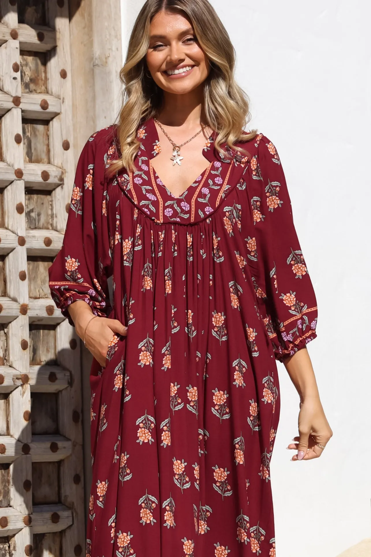 Boheme Midi Dress - Piping Defined Bust 3/4 Sleeve Smock Dress in Grenache Print>Jaase Online
