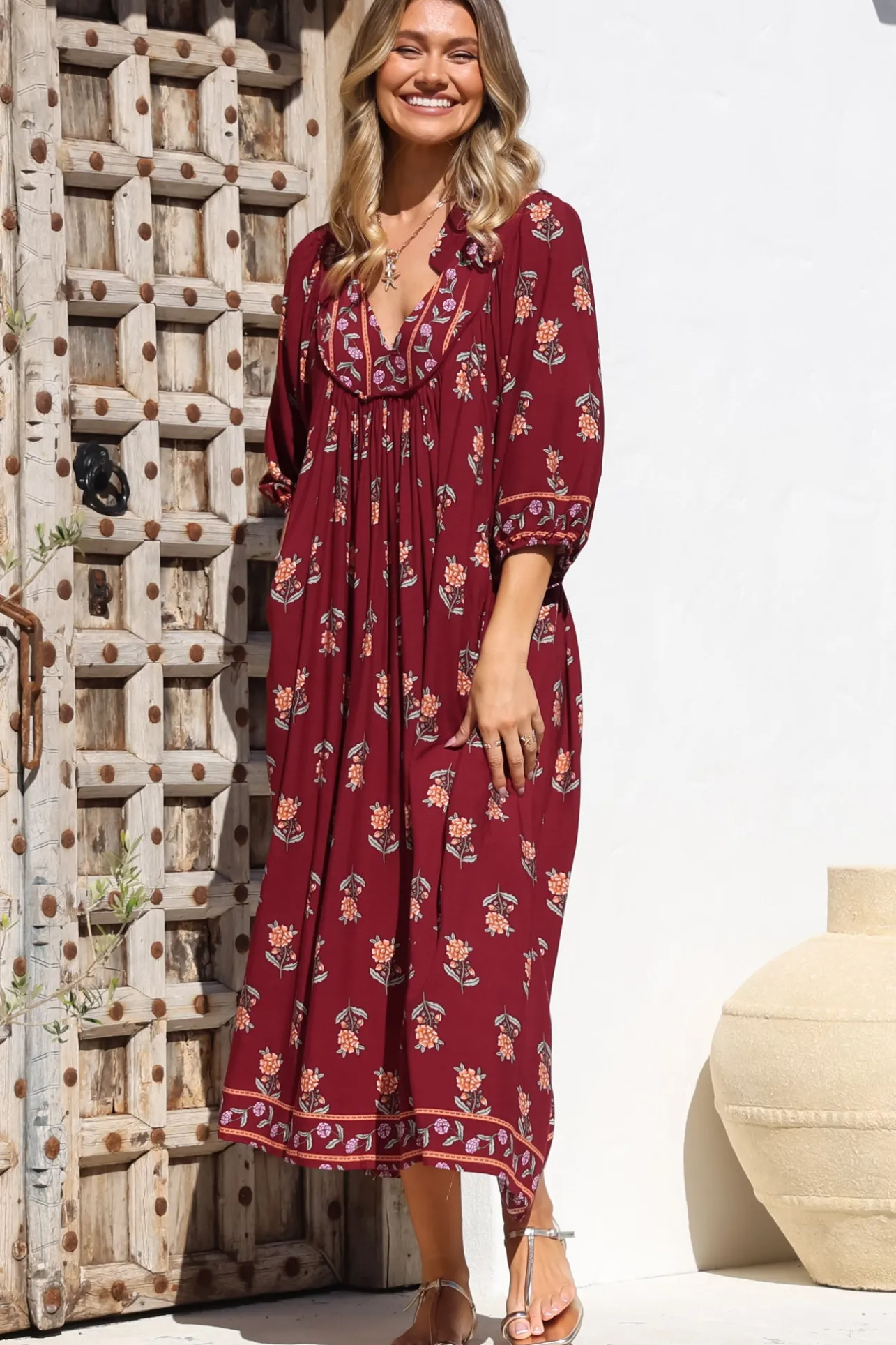 Boheme Midi Dress - Piping Defined Bust 3/4 Sleeve Smock Dress in Grenache Print>Jaase Online