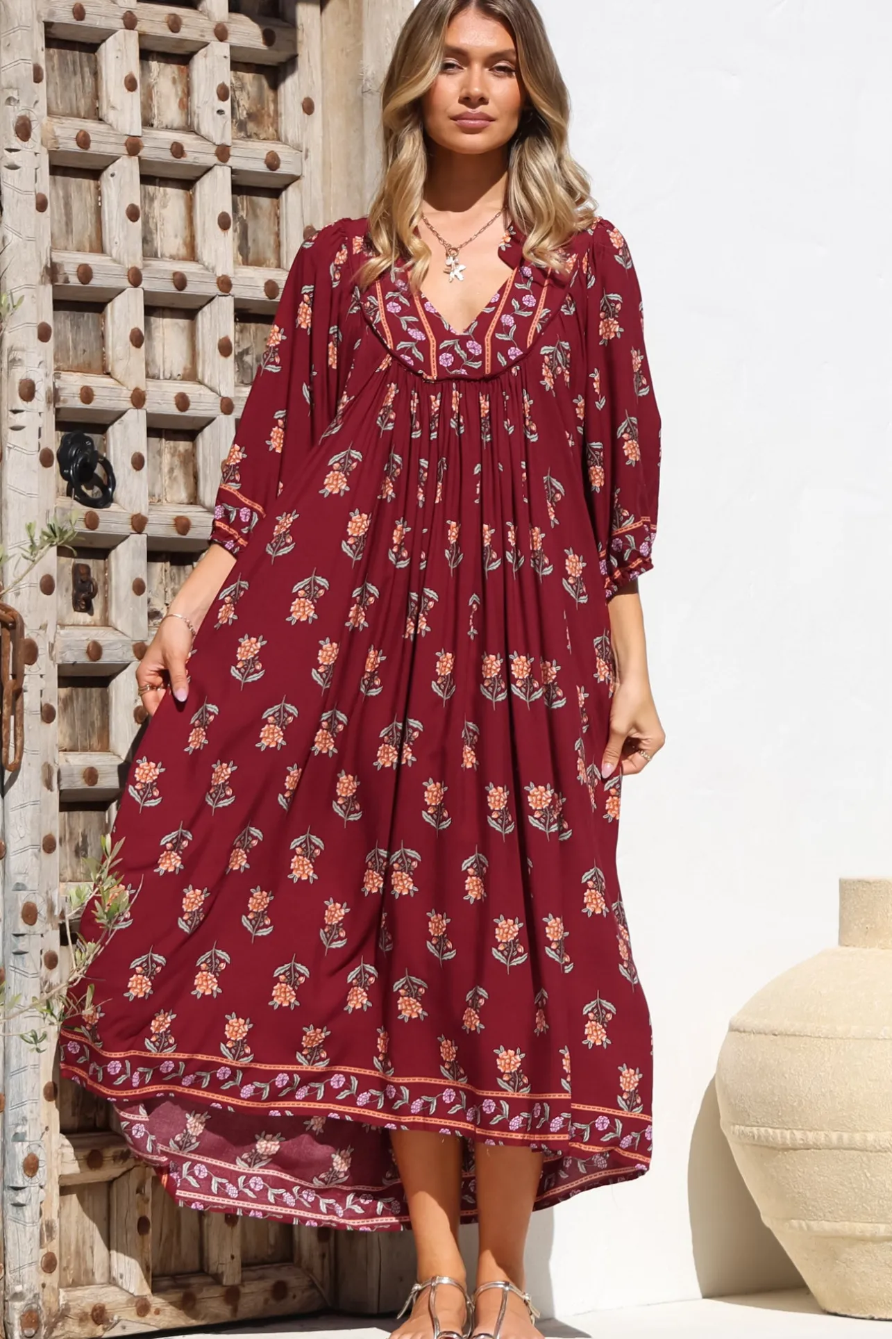 Boheme Midi Dress - Piping Defined Bust 3/4 Sleeve Smock Dress in Grenache Print>Jaase Online