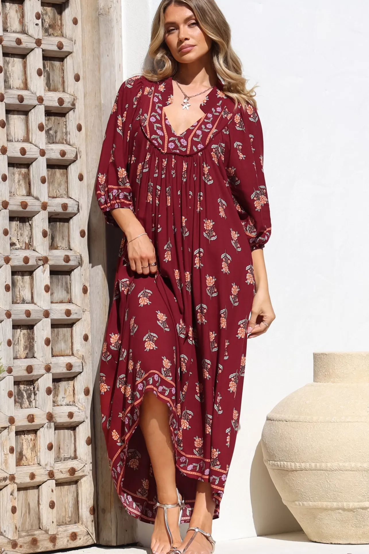 Boheme Midi Dress - Piping Defined Bust 3/4 Sleeve Smock Dress in Grenache Print>Jaase Online