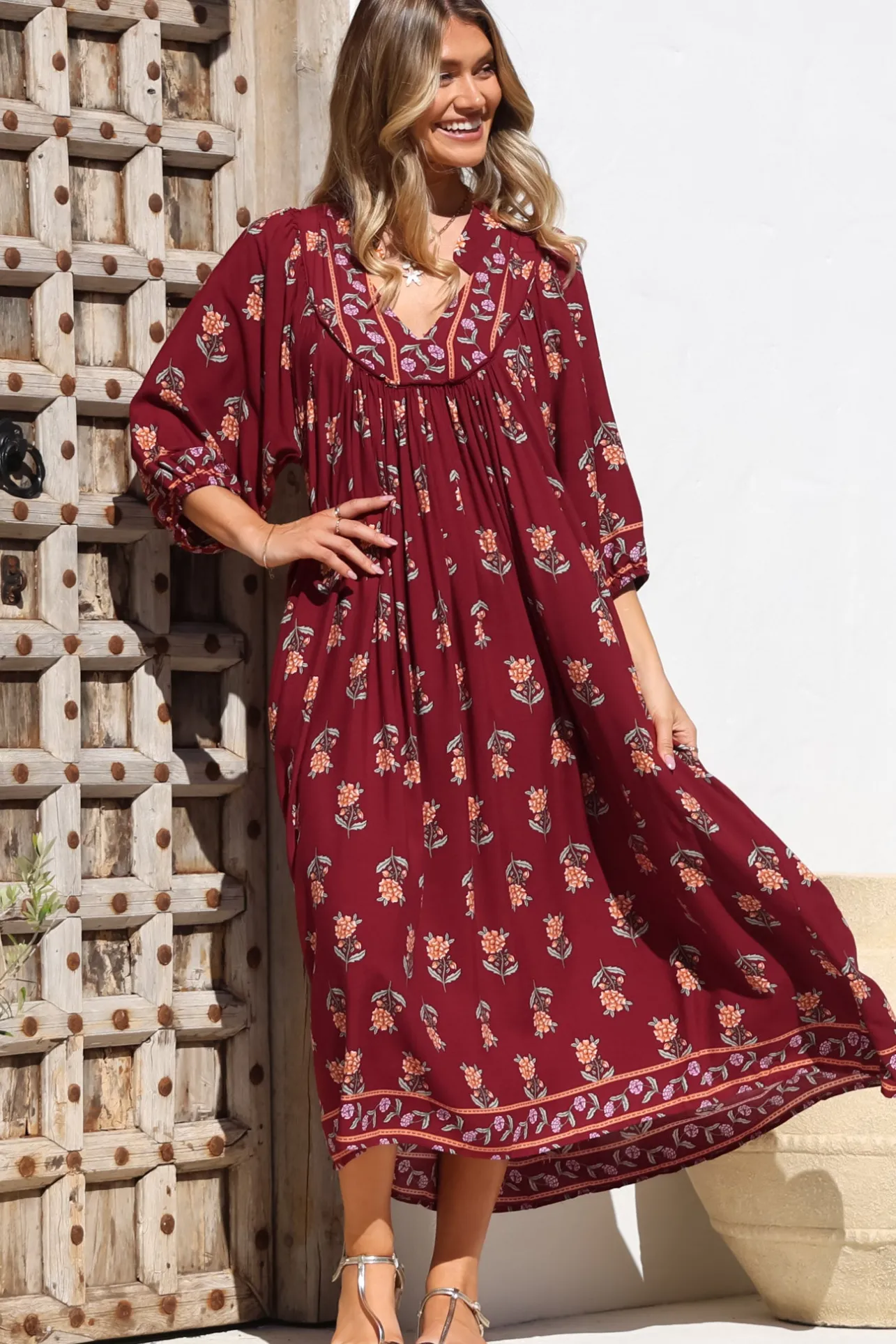 Boheme Midi Dress - Piping Defined Bust 3/4 Sleeve Smock Dress in Grenache Print>Jaase Online