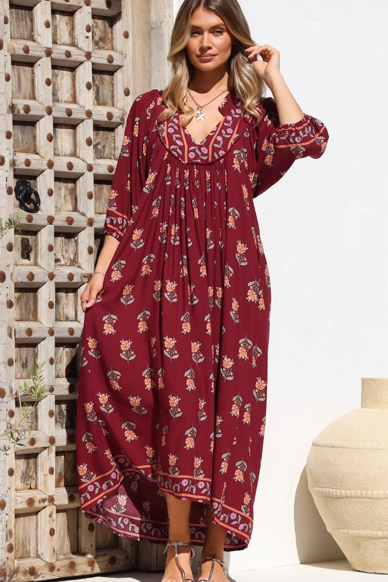 Boheme Midi Dress - Piping Defined Bust 3/4 Sleeve Smock Dress in Grenache Print>Jaase Online