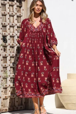 Boheme Midi Dress - Piping Defined Bust 3/4 Sleeve Smock Dress in Grenache Print><noscript><img width=