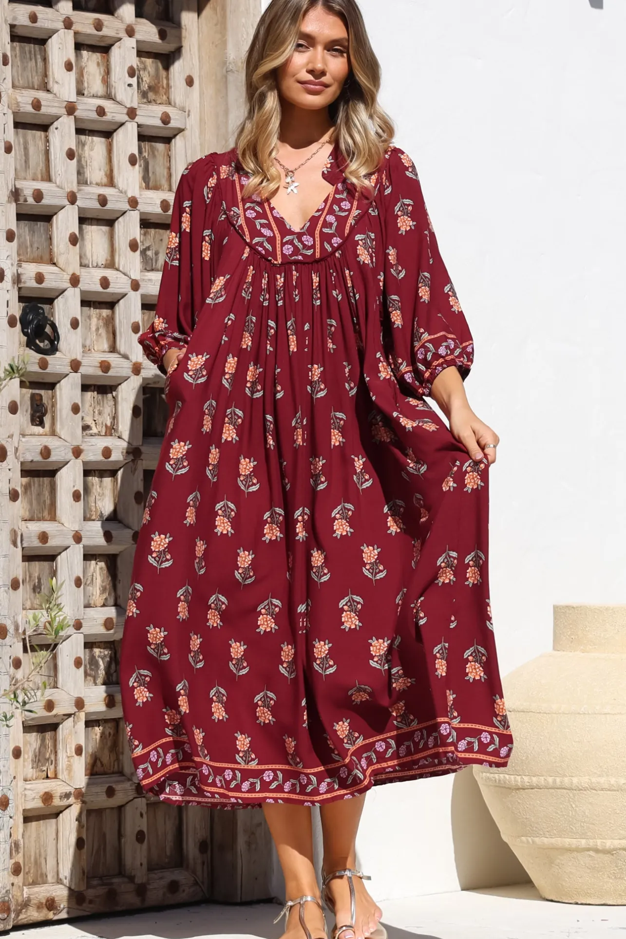 Boheme Midi Dress - Piping Defined Bust 3/4 Sleeve Smock Dress in Grenache Print>Jaase Online