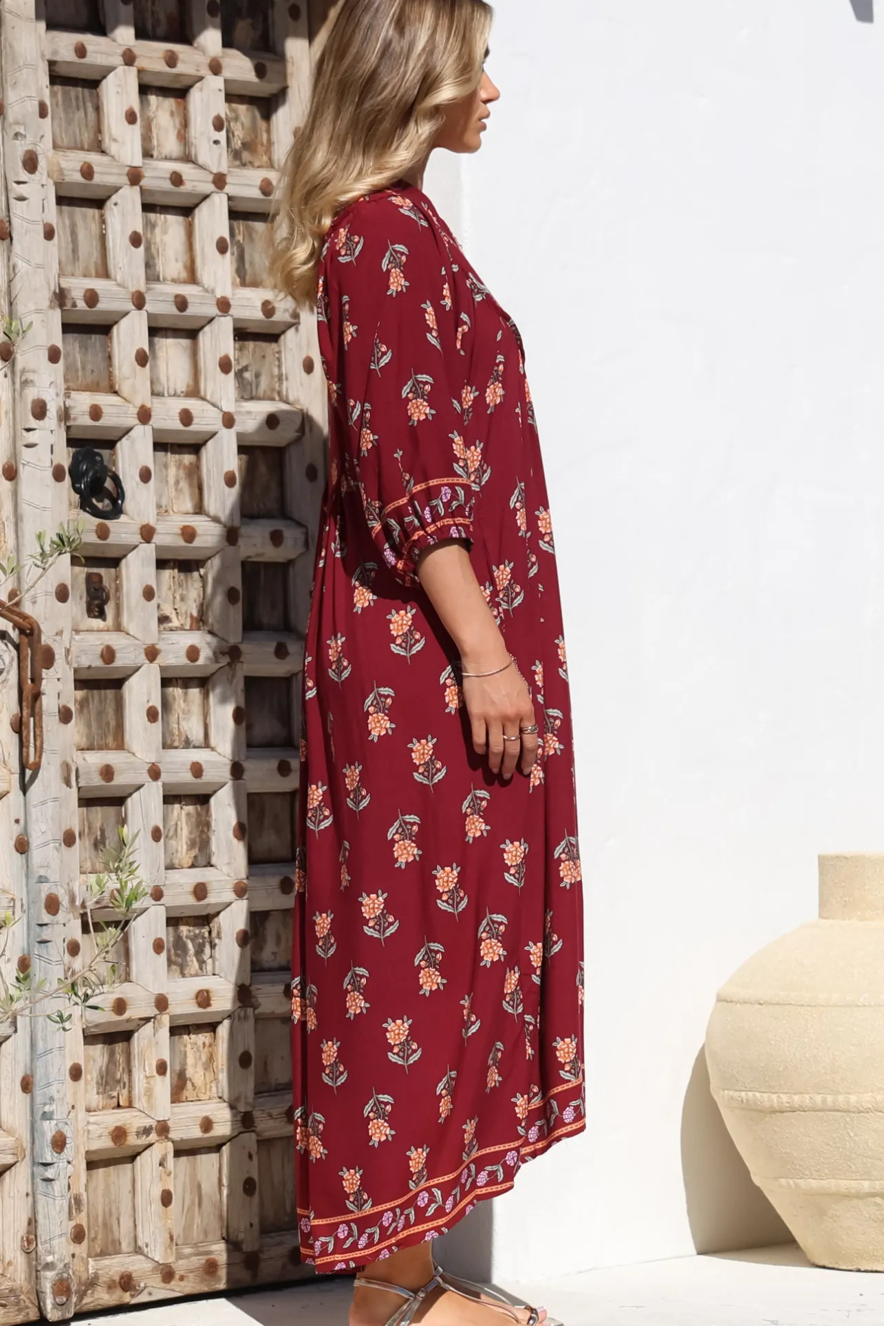 Boheme Midi Dress - Piping Defined Bust 3/4 Sleeve Smock Dress in Grenache Print>Jaase Online