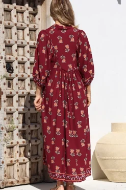 Boheme Midi Dress - Piping Defined Bust 3/4 Sleeve Smock Dress in Grenache Print><noscript><img width=