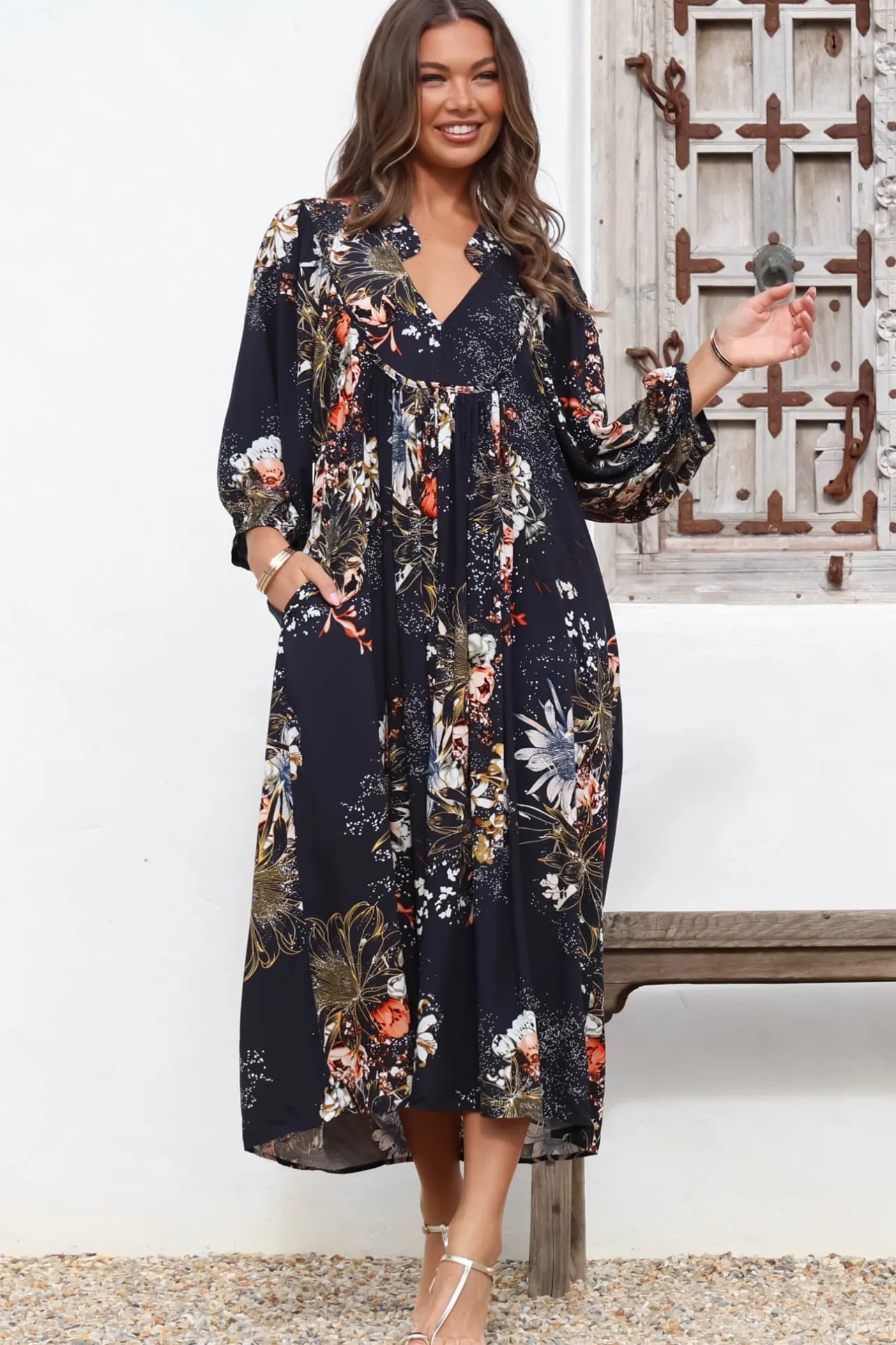 Boheme Midi Dress - Piping Defined Bust Slimline Smock Dress In Indigo Print>Jaase New