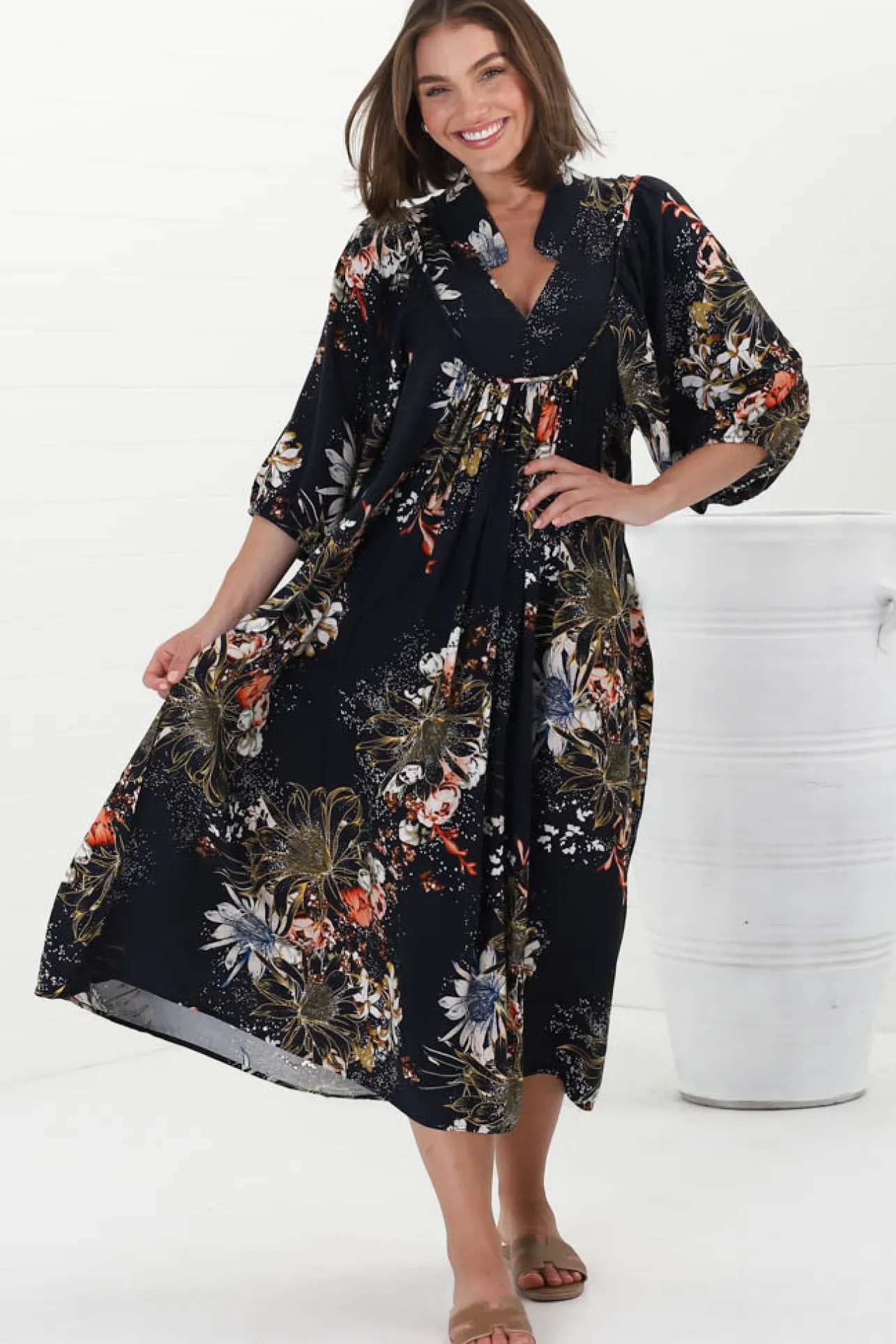 Boheme Midi Dress - Piping Defined Bust Slimline Smock Dress In Indigo Print>Jaase New
