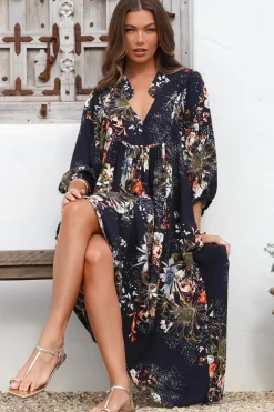 Boheme Midi Dress - Piping Defined Bust Slimline Smock Dress In Indigo Print><noscript><img width=