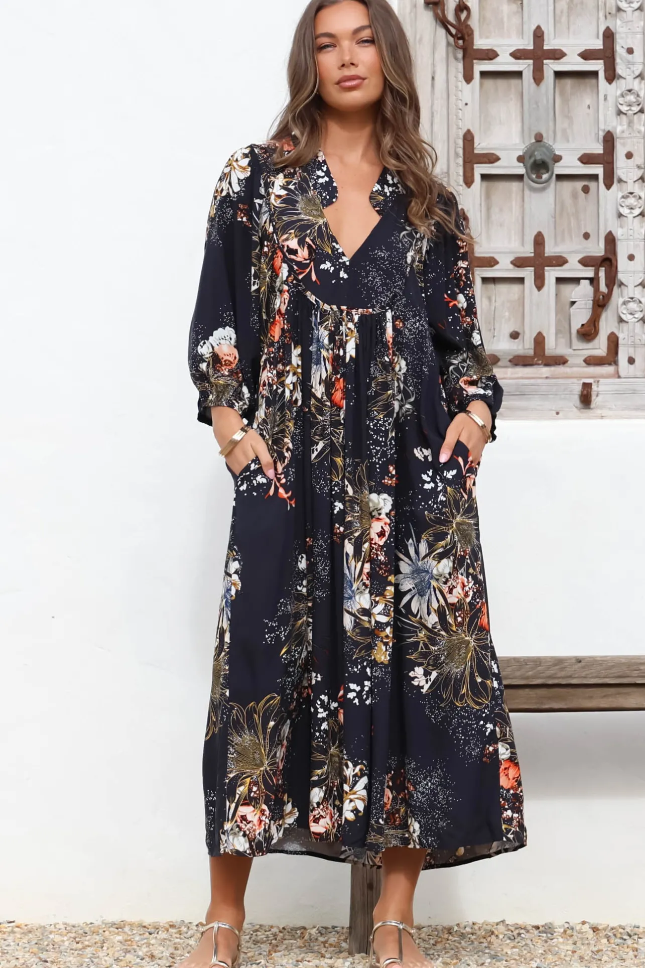 Boheme Midi Dress - Piping Defined Bust Slimline Smock Dress In Indigo Print>Jaase New