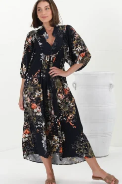 Boheme Midi Dress - Piping Defined Bust Slimline Smock Dress In Indigo Print><noscript><img width=