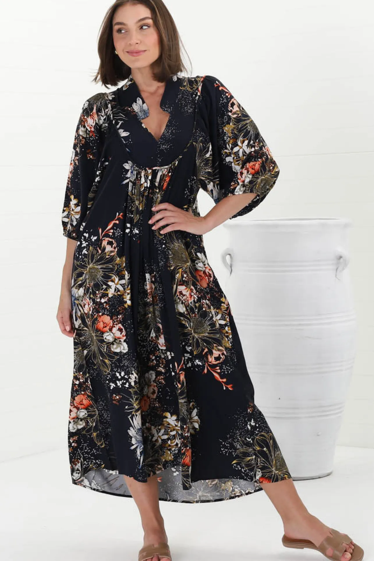 Boheme Midi Dress - Piping Defined Bust Slimline Smock Dress In Indigo Print>Jaase New