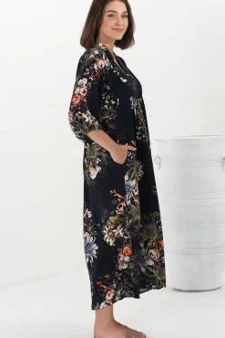 Boheme Midi Dress - Piping Defined Bust Slimline Smock Dress In Indigo Print><noscript><img width=