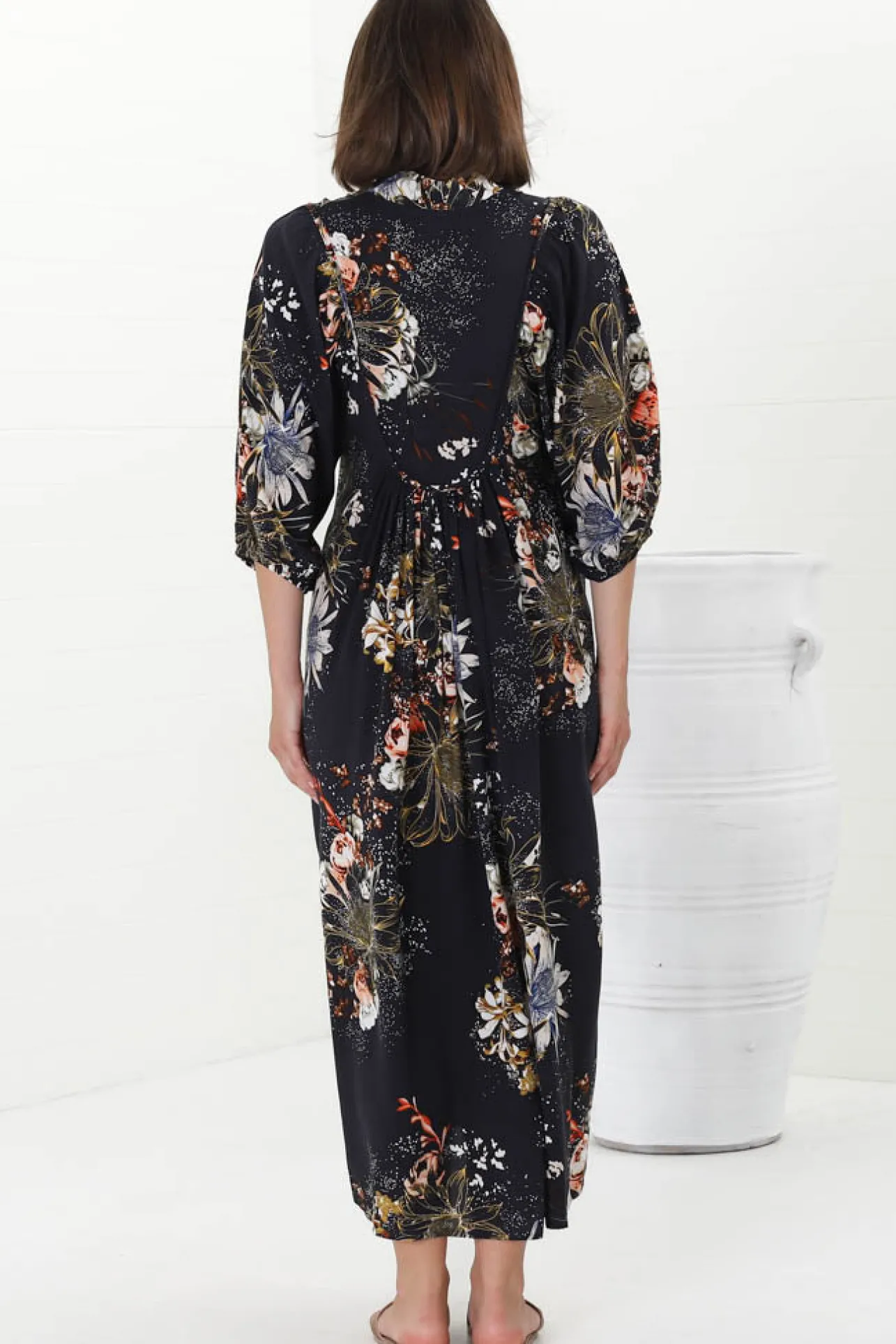 Boheme Midi Dress - Piping Defined Bust Slimline Smock Dress In Indigo Print>Jaase New